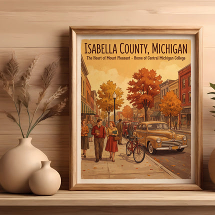 Isabella County, Michigan art shows a street scene with the text "Isabella County, Michigan."