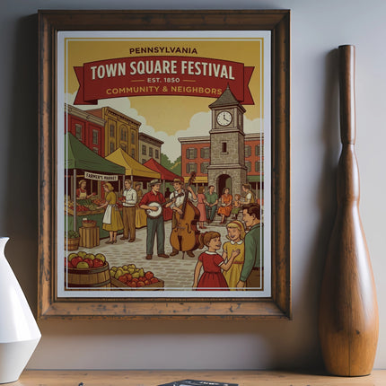 Pennsylvania Town Square Festival poster featuring a community event with music and a farmer's market.