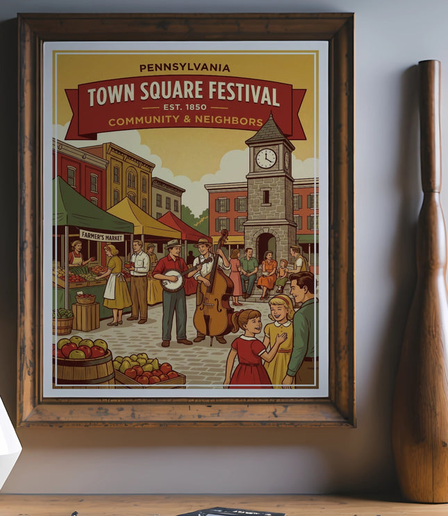 Pennsylvania Town Square Festival poster featuring a community event with music and a farmer's market.