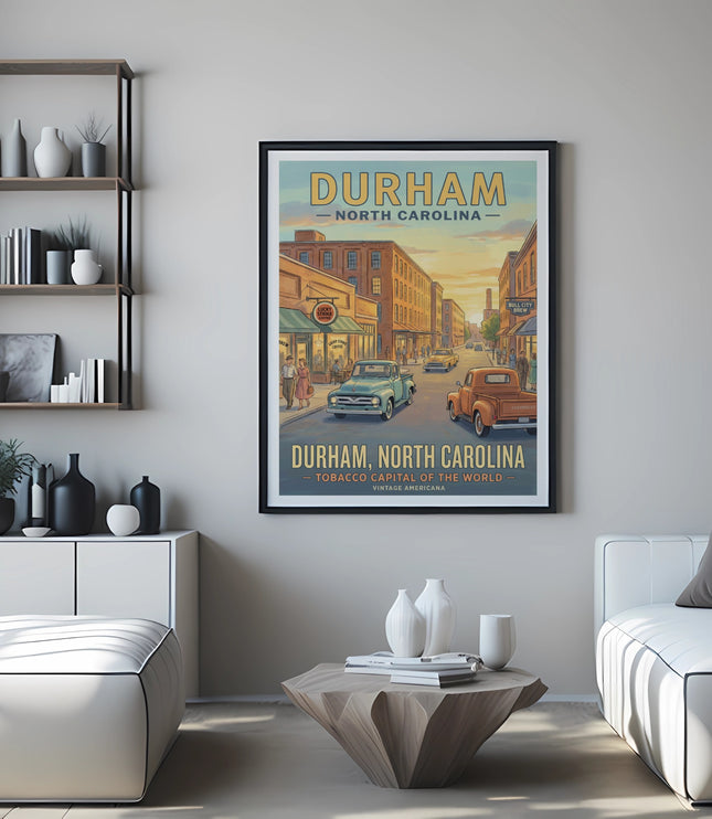 Vintage travel poster of Durham, North Carolina, featuring a street scene with buildings and cars.