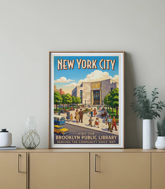 New York City poster featuring the Brooklyn Public Library and text.