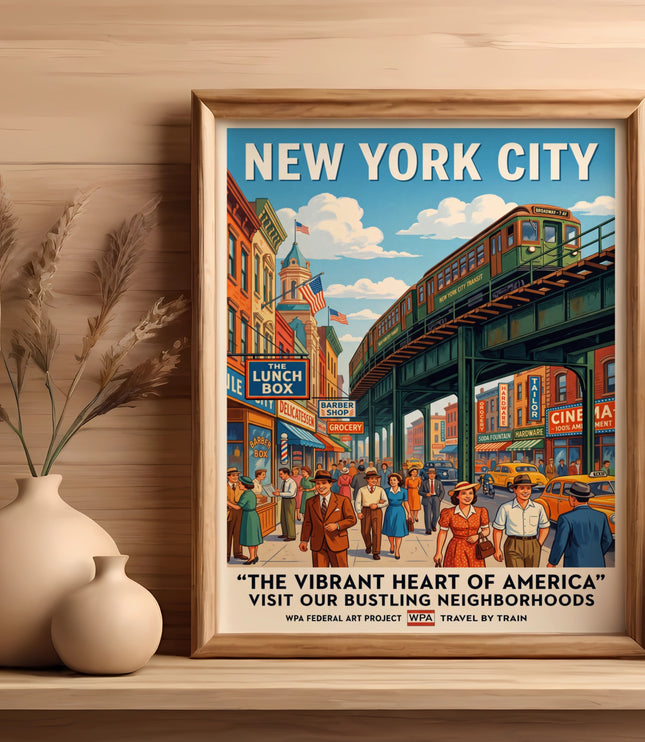 New York City poster with elevated train, busy street, and historical WPA art project text.