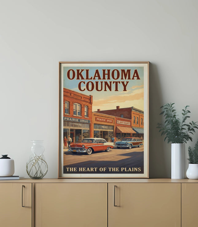 Oklahoma County poster with vintage cars and buildings, text reads "The Heart of the Plains".