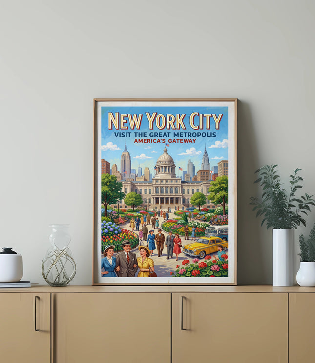 New York City Visit the Great Metropolis America's Gateway vintage travel poster.