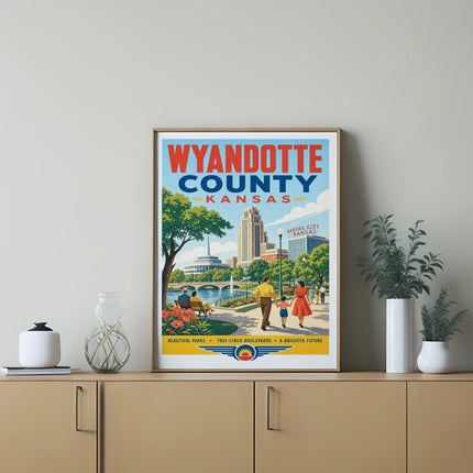 Wyandotte County Kansas poster with families, parks, and city skyline.