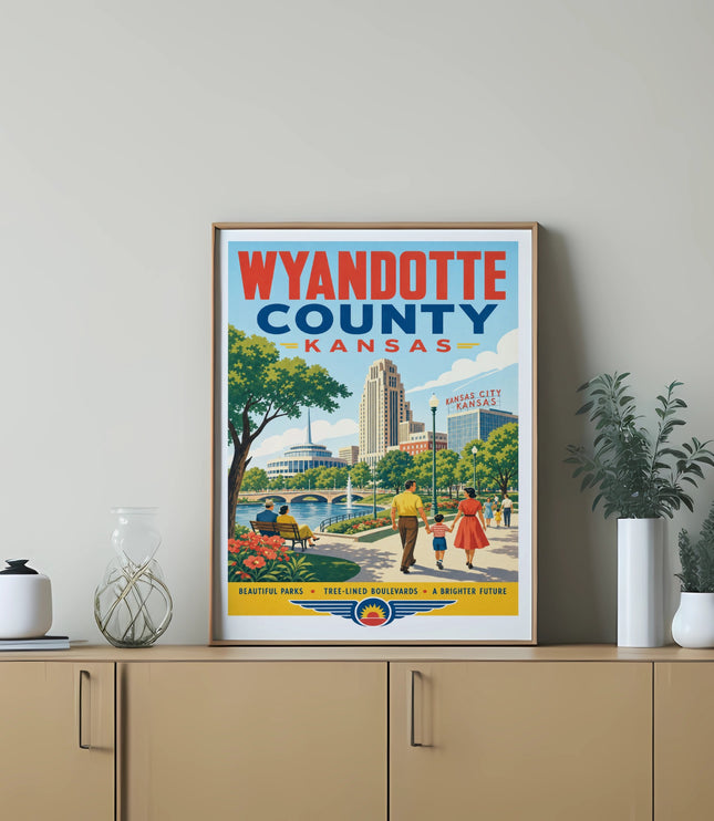 Wyandotte County Kansas poster with families, parks, and city skyline.