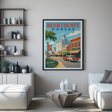 Rush County, Kansas vintage travel poster with car and town buildings.