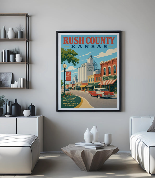 Rush County, Kansas vintage travel poster with car and town buildings.