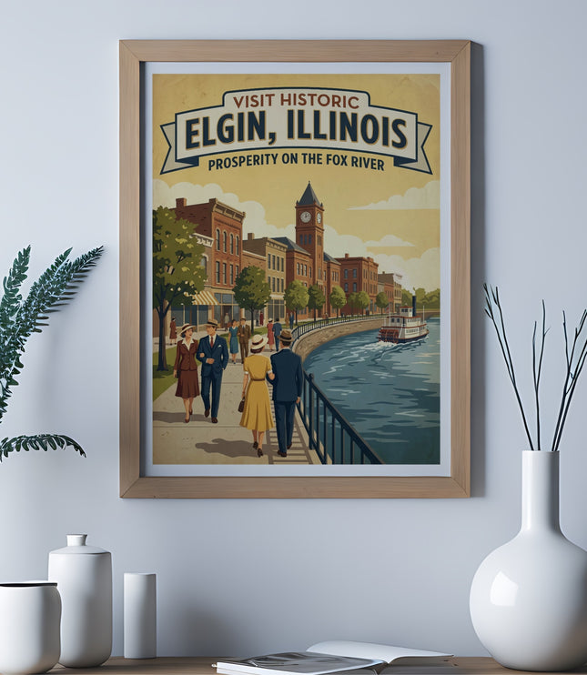 Visit Historic Elgin, Illinois poster with promenade and riverboat on the Fox River.