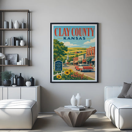 Clay County, Kansas vintage travel poster featuring a town scene and sunflowers.