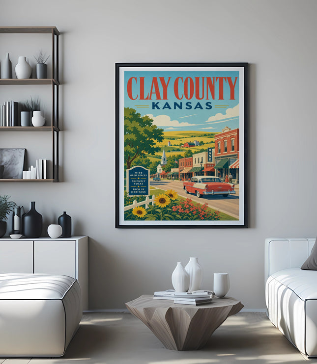 Clay County, Kansas vintage travel poster featuring a town scene and sunflowers.