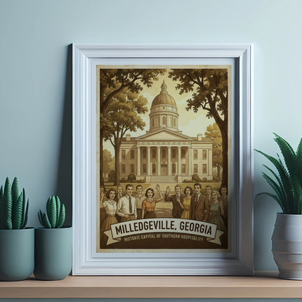 Framed print of Milledgeville, Georgia historic capitol building with people.