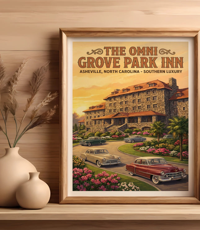 Retro poster: The Omni Grove Park Inn, Asheville, North Carolina, Southern Luxury.