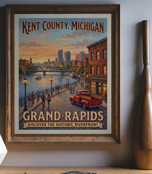 Poster for Kent County, Michigan featuring Grand Rapids riverfront and skyline.