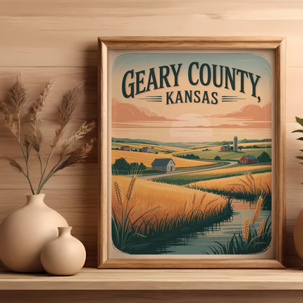 Framed artwork of Geary County, Kansas landscape with farms and fields.