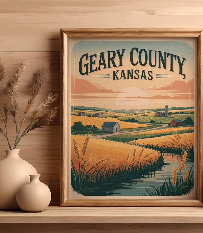 Framed artwork of Geary County, Kansas landscape with farms and fields.