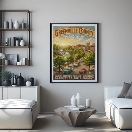 Greenville County, South Carolina vintage travel poster depicting downtown and Falls Park.