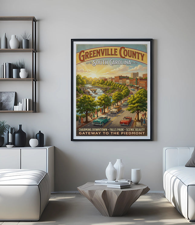 Greenville County, South Carolina vintage travel poster depicting downtown and Falls Park.