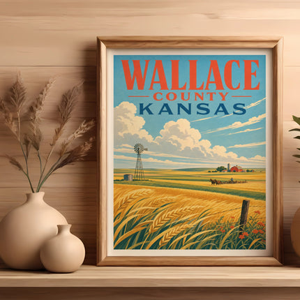 Wallace County, Kansas poster with windmill, farm, and wheat field.