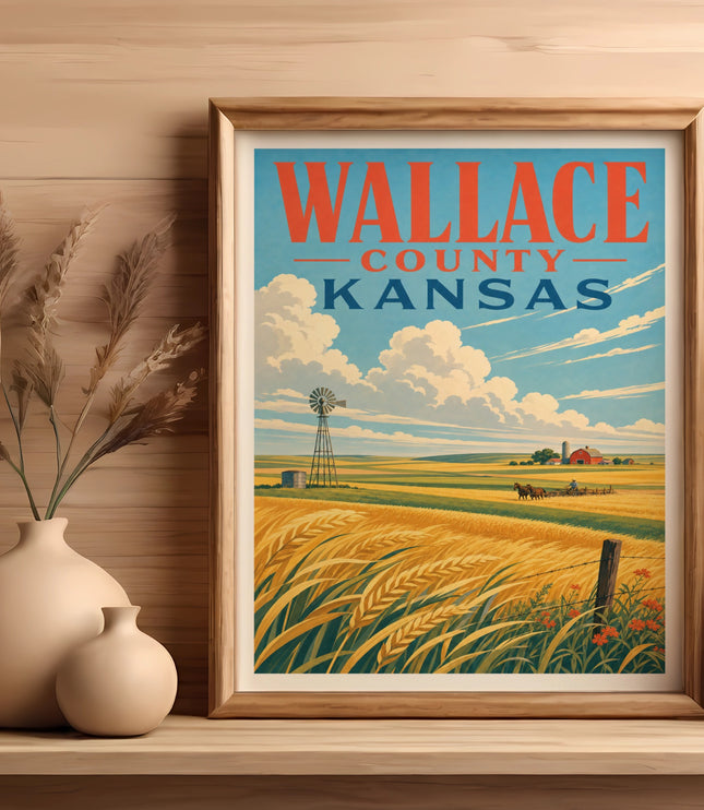 Wallace County, Kansas poster with windmill, farm, and wheat field.