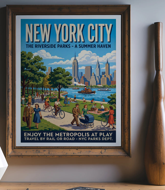 New York City vintage poster showing people enjoying Riverside Parks.