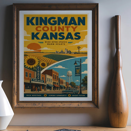 Kingman County, Kansas travel poster with vintage buildings and landscape.