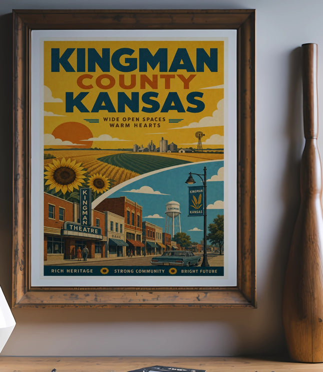 Kingman County, Kansas travel poster with vintage buildings and landscape.