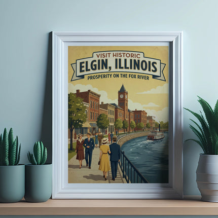 Vintage poster for Historic Elgin, Illinois, showing people walking by the river.