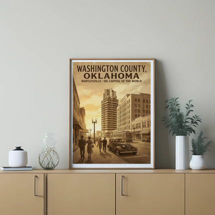 "Washington County, Oklahoma" poster with Bartlesville text, depicting a vintage street scene.