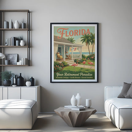 Florida retirement poster with flamingos and beach house illustration.