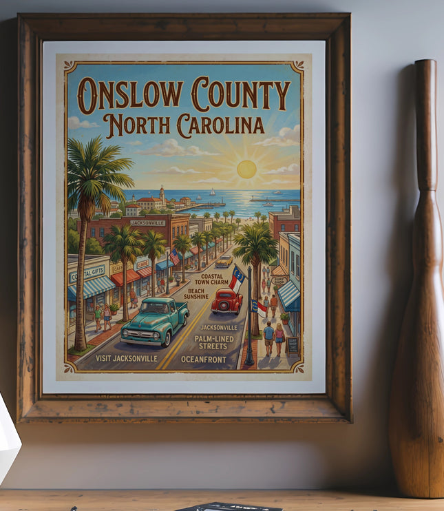 Onslow County, North Carolina vintage travel poster featuring Jacksonville street scene.