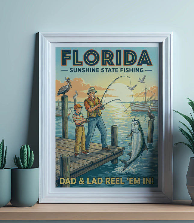 Florida Sunshine State Fishing art with dad and son reeling in a tarpon.