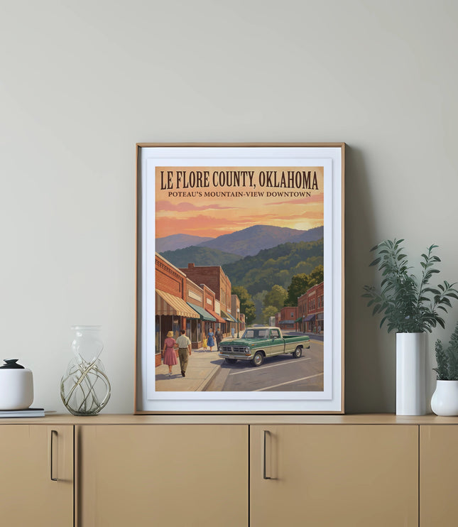 Le Flore County, Oklahoma Poteau's Mountain-View Downtown print with vintage truck and couple.
