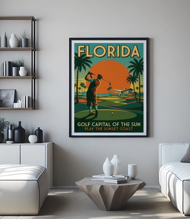 Florida golf poster featuring a golfer, palm trees, and the text "GOLF CAPITAL OF THE SUN".