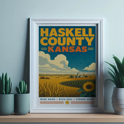 Haskell County Kansas poster with wheat fields, sunflower, and cactus plants.