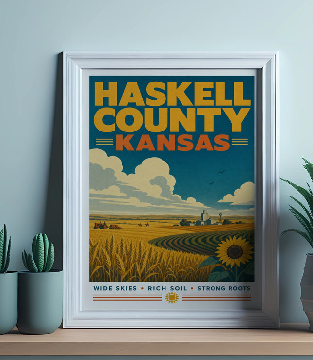 Haskell County Kansas poster with wheat fields, sunflower, and cactus plants.