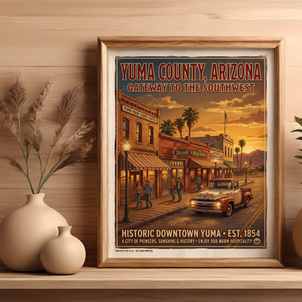 Framed Yuma County, Arizona vintage travel poster with downtown street scene and truck.