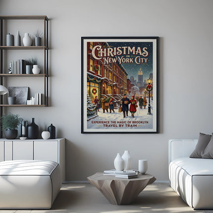 Christmas in New York City vintage travel poster with people walking on snowy street.