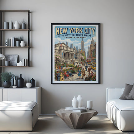 New York City, the city that never sleeps, library poster with cityscape.