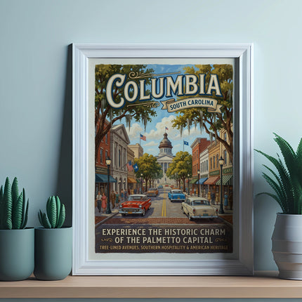Poster of Columbia, South Carolina shows historic buildings and a street scene with cars.