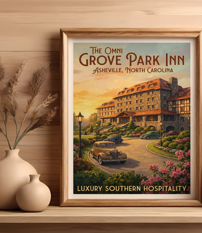 Poster of The Omni Grove Park Inn Asheville, North Carolina with vintage cars.