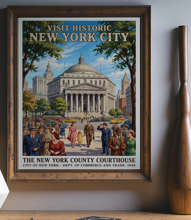 Vintage New York City poster featuring the County Courthouse with people and cars.