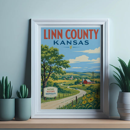 Framed vintage poster of Linn County, Kansas, featuring a rural landscape.