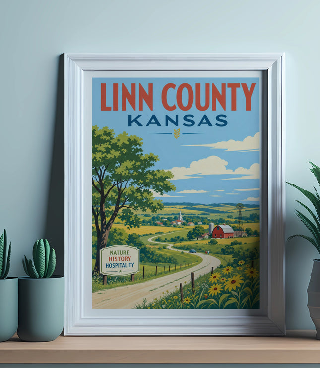 Framed vintage poster of Linn County, Kansas, featuring a rural landscape.