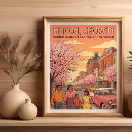 Macon, Georgia cherry blossom capital vintage poster with family and car.