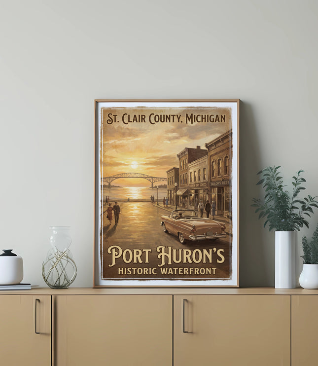 Vintage travel poster of Port Huron's historic waterfront with a classic car.
