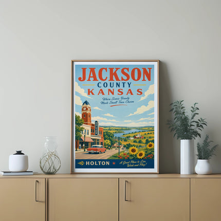 Vintage Jackson County, Kansas travel poster featuring Holton, sunflowers, and classic car.