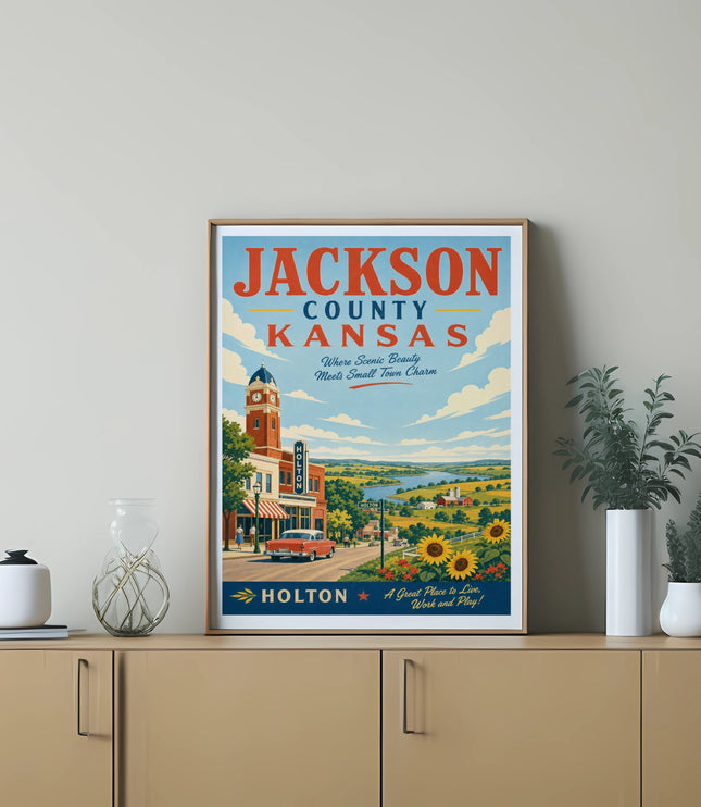Vintage Jackson County, Kansas travel poster featuring Holton, sunflowers, and classic car.
