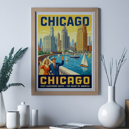 Vintage Chicago travel poster showing skyline and sailboats on water.