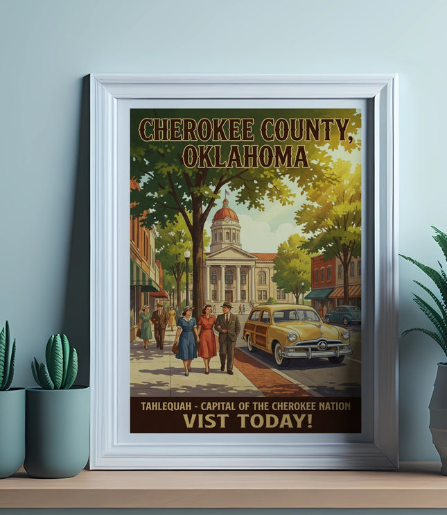 Cherokee County, Oklahoma poster featuring Tahlequah and a vintage car.